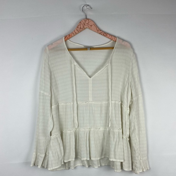 Lucky Brand White Split Neck Tiered Peasant Top - Picture 2 of 6